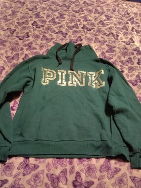 PINK Victoria's Secret Teal Green Hooded Sweatshirt with Metallic Logo